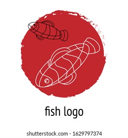 Illustration Logo With Linear Fish On A Maroon Abstract Background. Maroon Circle. Clown Fish