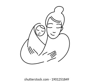 Illustration for a logo, mother with a baby in her arms. Newborn child. Line drawing. Happy Motherhood. Logo for childbirth preparation courses