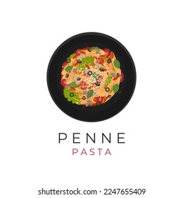 Illustration logo of penne pasta with spicy tomato sauce greens basil and grated cheese