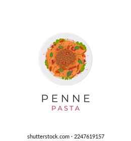 Illustration logo of penne pasta with tomato sauce and minced meat