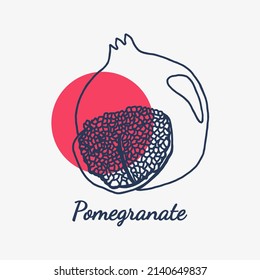 Illustration  logo of a pomegranate fruit drawn with a black pen. In a flat style. The contour is a single line. For icon; web; logo; design and print.