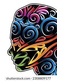 illustration logo in the shape of a beautiful woman side face has dynamic gradient batik flower line art in a luxurious pattern colour 
