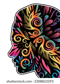 illustration logo in the shape of a beautiful woman side face has dynamic gradient batik flower line art in a luxurious pattern colour 
