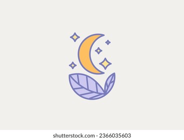 Illustration, logo, sign. Moon and stars, leaves.
