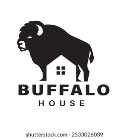 Illustration Logo silhouette of a buffalo with house design vintage retro vector