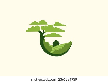 Illustration, logo, symbol. Green farm. Plants. Tree, leaves, house. Round form. Ecology all around.