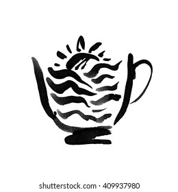 Illustration of a logo for the tea salon. The image of the sun and plantations in the cup.