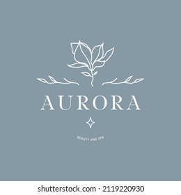 Ilustración de la plantilla de logotipo con flor de magnolia y elementos de marca en un sencillo estilo lineal mínimo en color de pulpa.