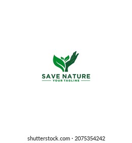an illustration logo that gives a message to always take care of nature, with hand and leaf illustrations that reflect nature in balance