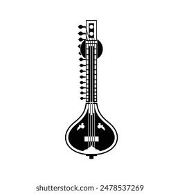 Ilustración de un logotipo de un instrumento musical tradicional indio, una silueta sitar adecuada para tiendas de música y comunidades.