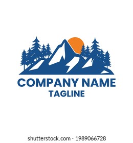 Illustration Logo Vector graphic of Blue Mountain With Sunset. Perfect for Adventure, outdoor, Travel brands or companies.