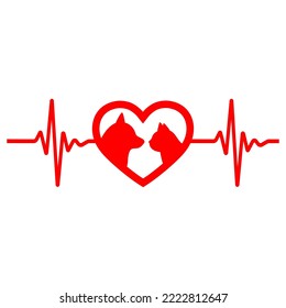 Illustration of the logo of a veterinary clinic.Dog and cat on the background of the heart with a pulse.