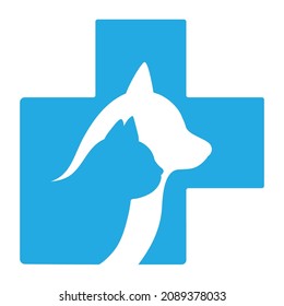 Illustration of a logo of a veterinary clinic. Dog and cat on a background of a medical cross.