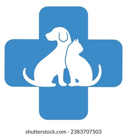 Ilustración del logo de una clínica veterinaria. Silhouette de un perro y un gato con una cruz médica sobre un fondo blanco.