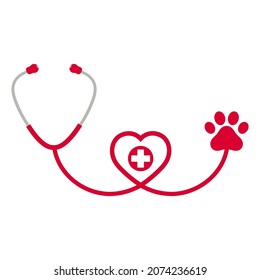 Illustration logo for a veterinary practice with a stethoscope and a paw print on a white background