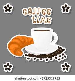 Illustration logo for white ceramic cup of hot coffee, croissant on saucer, croissant pattern consisting of grain coffee brewed in porcelain cups for sweet food, cup coffee with croissants