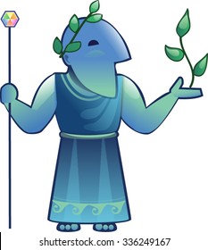 Illustration for logotype with greek god of water and health Enki, with plant and stick in the hands