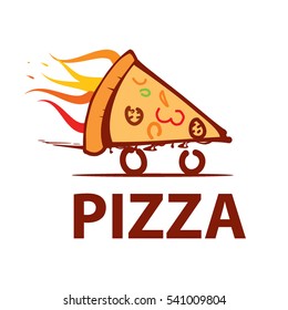 Illustration logotype for restaurant pizzeria in the form of a piece of pizza with fire on wheels. Pizza delivery logo