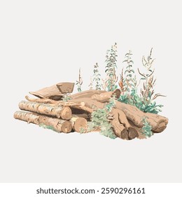 Illustration of logs and plants. Logs stacked with foliage. Nature scene with logs and greenery. Logs and plants in a serene setting. Vintage art illustration, vector.