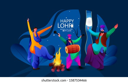 Illustration of lohri celebration bonfire,dance,elements with background 