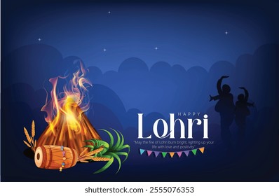 Illustration of a Lohri festival celebration featuring a traditional bonfire, decorated drums, and vibrant colors. Represents joy, warmth, and community during this cultural Indian harvest festival.