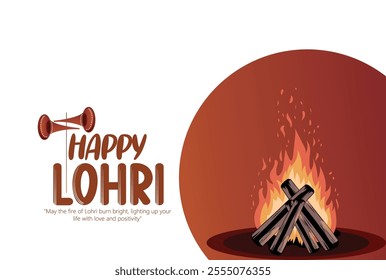 Illustration of a Lohri festival celebration featuring a traditional bonfire, decorated drums, and vibrant colors. Represents joy, warmth, and community during this cultural Indian harvest festival.