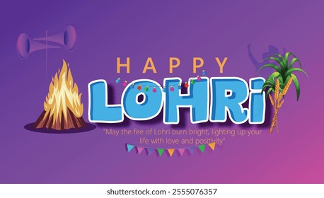 Illustration of a Lohri festival celebration featuring a traditional bonfire, decorated drums, and vibrant colors. Represents joy, warmth, and community during this cultural Indian harvest festival.