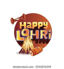 Illustration of a Lohri festival celebration featuring a traditional bonfire, decorated drums, and vibrant colors. Represents joy, warmth, and community during this cultural Indian harvest festival.