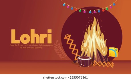 Illustration of a Lohri festival celebration featuring a traditional bonfire, decorated drums, and vibrant colors. Represents joy, warmth, and community during this cultural Indian harvest festival.