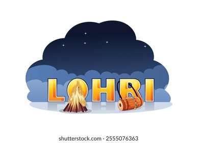 Illustration of a Lohri festival celebration featuring a traditional bonfire, decorated drums, and vibrant colors. Represents joy, warmth, and community during this cultural Indian harvest festival.