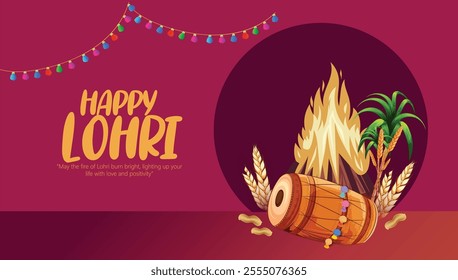 Illustration of a Lohri festival celebration featuring a traditional bonfire, decorated drums, and vibrant colors. Represents joy, warmth, and community during this cultural Indian harvest festival.