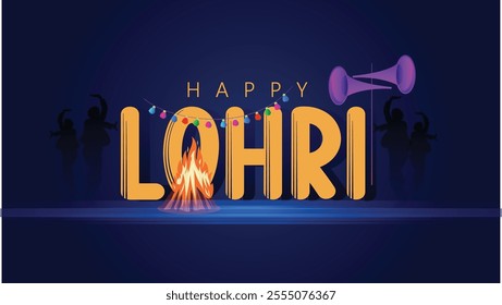 Illustration of a Lohri festival celebration featuring a traditional bonfire, decorated drums, and vibrant colors. Represents joy, warmth, and community during this cultural Indian harvest festival.