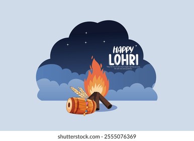 Illustration of a Lohri festival celebration featuring a traditional bonfire, decorated drums, and vibrant colors. Represents joy, warmth, and community during this cultural Indian harvest festival.