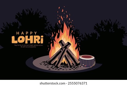 Illustration of a Lohri festival celebration featuring a traditional bonfire, decorated drums, and vibrant colors. Represents joy, warmth, and community during this cultural Indian harvest festival.