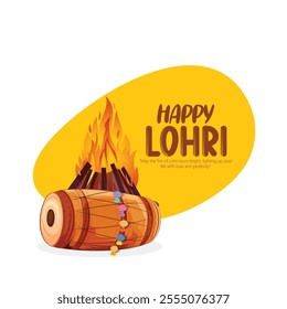 Illustration of a Lohri festival celebration featuring a traditional bonfire, decorated drums, and vibrant colors. Represents joy, warmth, and community during this cultural Indian harvest festival.