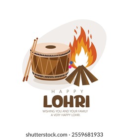 Illustration of a Lohri festival with a dhol drum and bonfire.