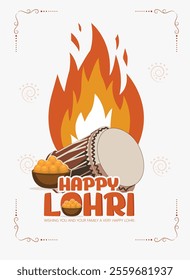 Illustration of a Lohri festival with a dhol drum and bonfire.