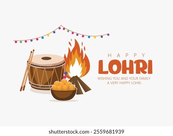 Illustration of a Lohri festival with a dhol drum and bonfire.