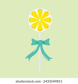 Illustration of a lollipop decorated with an orange pattern and green ribbon