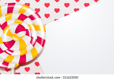 An illustration of a lollipop on a background with hearts and a sheet of paper for your text.