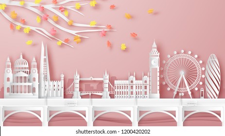 Illustration of London city, England on Autumn. London's famous architecture on Autumn. paper cut and craft design. vector, illustration.