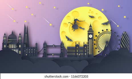 Illustration of London city on Halloween night. London's famous architecture on Halloween night. paper cut and craft style. vector, illustration.