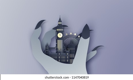 Illustration of London city in the witch's hand on Halloween night. London city on Halloween. paper cut and craft style. vector, illustration.