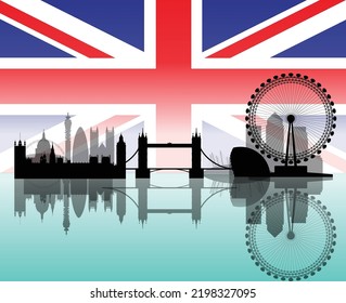 Illustration of London with Extreme Details and Transparency Over Union Jack Flag