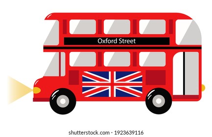 Illustration of a London iconic double-decker bus with UK flag, which stops on Oxford Street. Idea for postcards, travel gifts, souvenir shop, toys. 