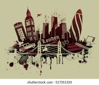 illustration of London landmarks in grunge style