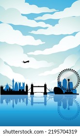 Illustration of London Landmarks Under a Blue Cloudy Sky