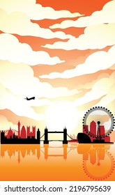 Illustration of London Landmarks Under a Cloudy Sky During Sunset