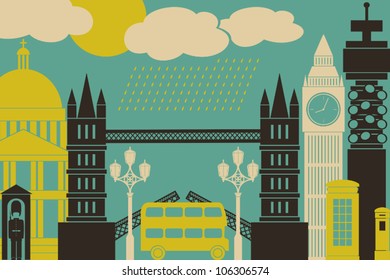 Illustration of London symbols and landmarks.