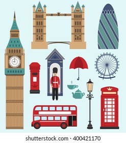 Illustration London,United Kingdom Flat Icons. Collection of England Colorful Symbols. Group of Travel Icons - Vector